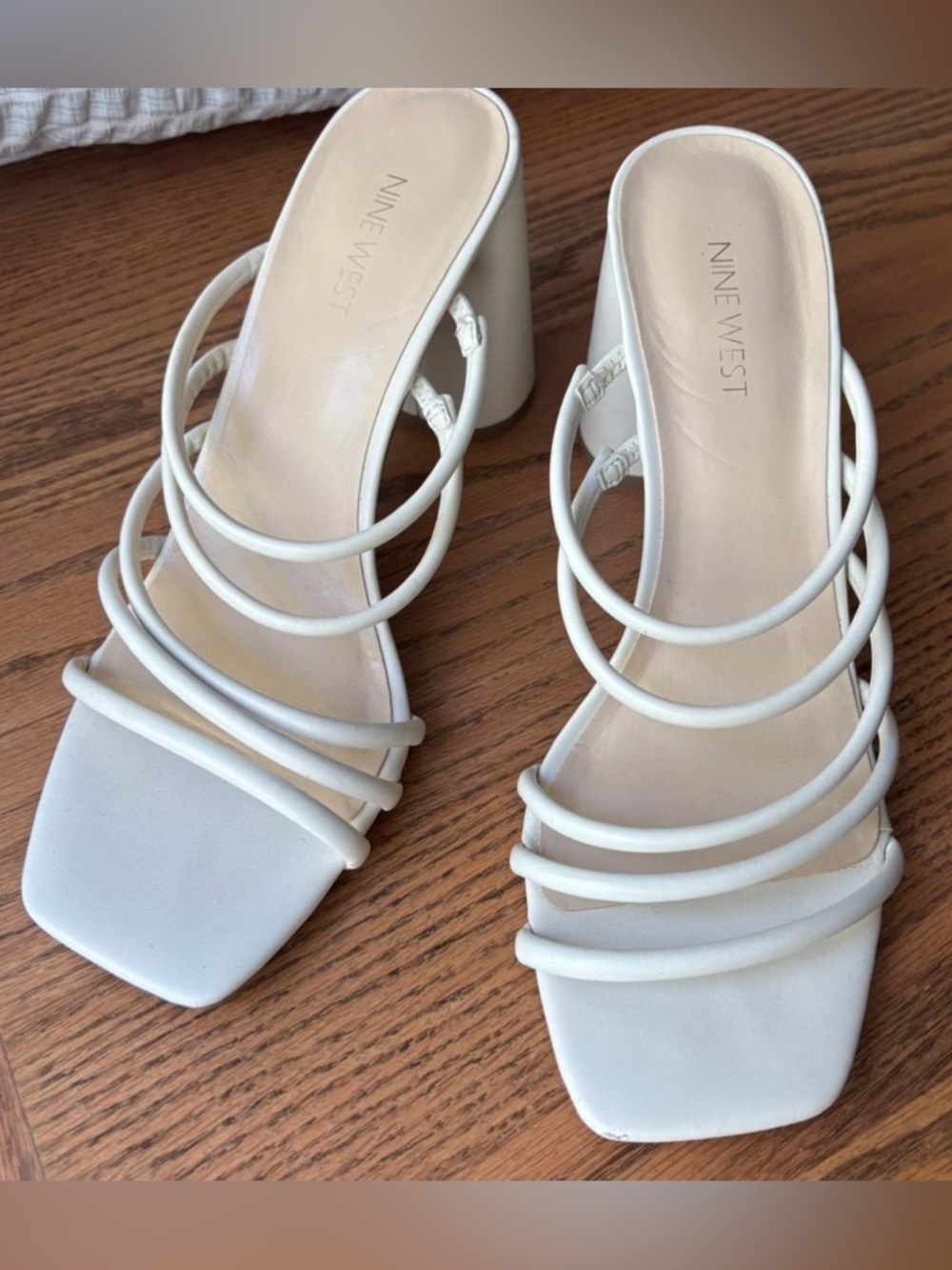 Nine West White Strappy Block Heel Mules